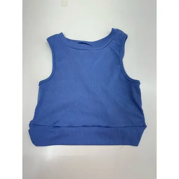 Shein Womens Tank Top Size Small Blue Ribbed Cropped Back Tie - Picture 1 of 13